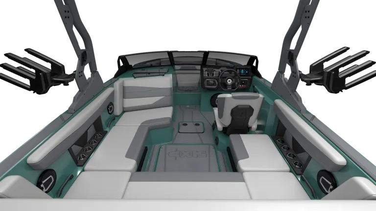 Studio render of the Axis A200 cockpit in seafoam and gray, wraparound seating and helm shown on a black background.