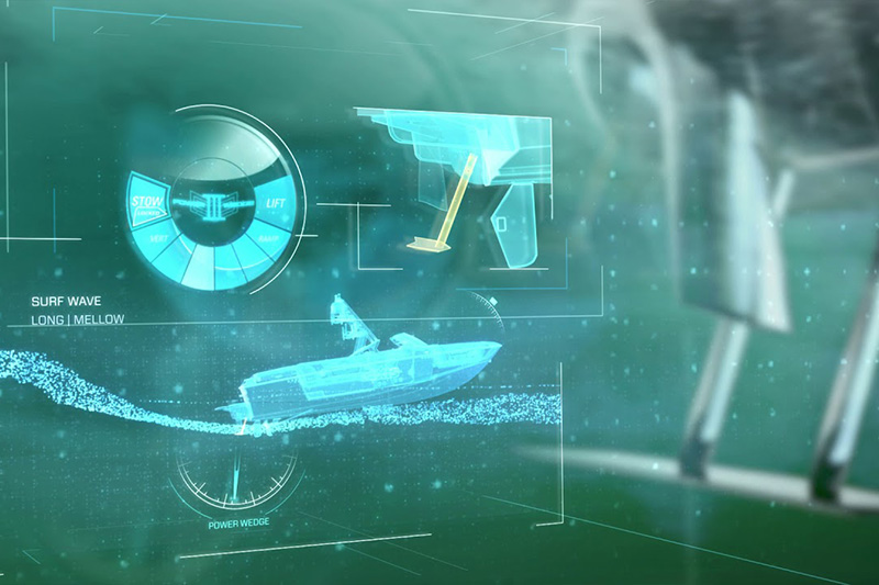 Close-up render of the stainless Power Wedge III plate mounted at the transom of a lime-green Axis wake boat, above the bronze propeller, used to shape the wake.