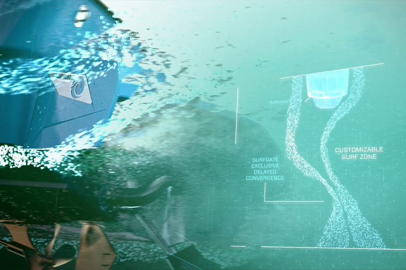 Close-up render of the deployable Surf Gate plate on the lime-green transom of an Axis wake boat, badged with a wave logo, used to shape a surfable wave.