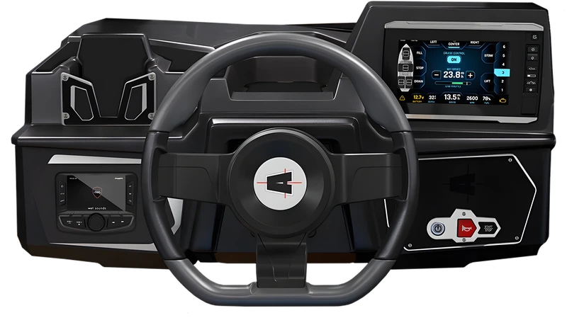 Studio render of the Axis Core Dash: a black helm with the Axis-logo wheel, a color ballast-control touchscreen and a Wet Sounds stereo, with a simplified control panel.
