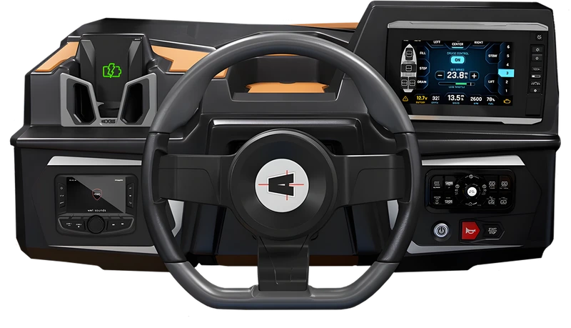 Studio render of the Axis Premium Sport Dash with tan trim accents, the Axis-logo steering wheel, a ballast-control touchscreen, Wet Sounds stereo and an active green wireless-charging pad.