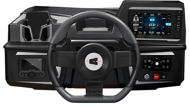 Studio render of the Axis Sport Dash: a black steering wheel with the Axis logo, a color touchscreen showing ballast controls, and stereo and tactile button panels.