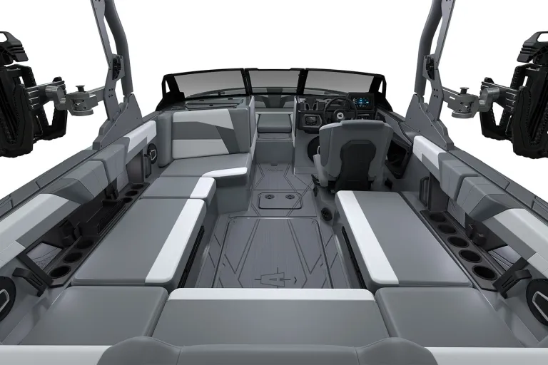 Studio render of the Axis T220 helm: a black dash with the Axis-logo steering wheel, a color touchscreen, Wet Sounds stereo and a gray-and-white captain's seat, on a white background.