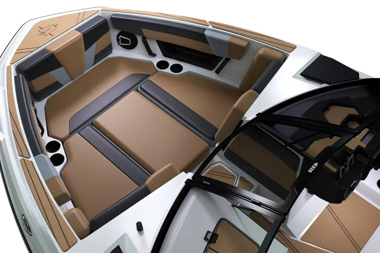 Overhead studio render of the tan-and-white bow lounge in an Axis T235, wraparound seating and a walkthrough windshield, on a white background.