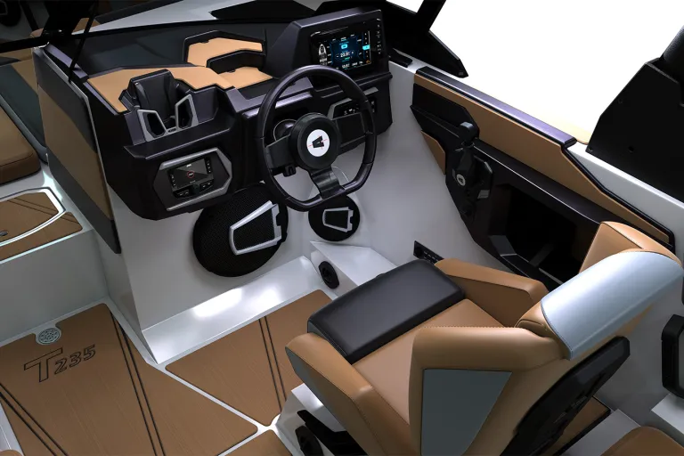Studio render of the Axis T235 helm: a black dash with the Axis-logo steering wheel, a color touchscreen, Wet Sounds stereo and a tan captain's seat, on a white background.