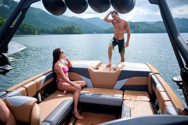 A man stands on the Axis T235's rear sunpad shaking off water while a woman lounges on the tan wraparound seating, lake and mountains behind.